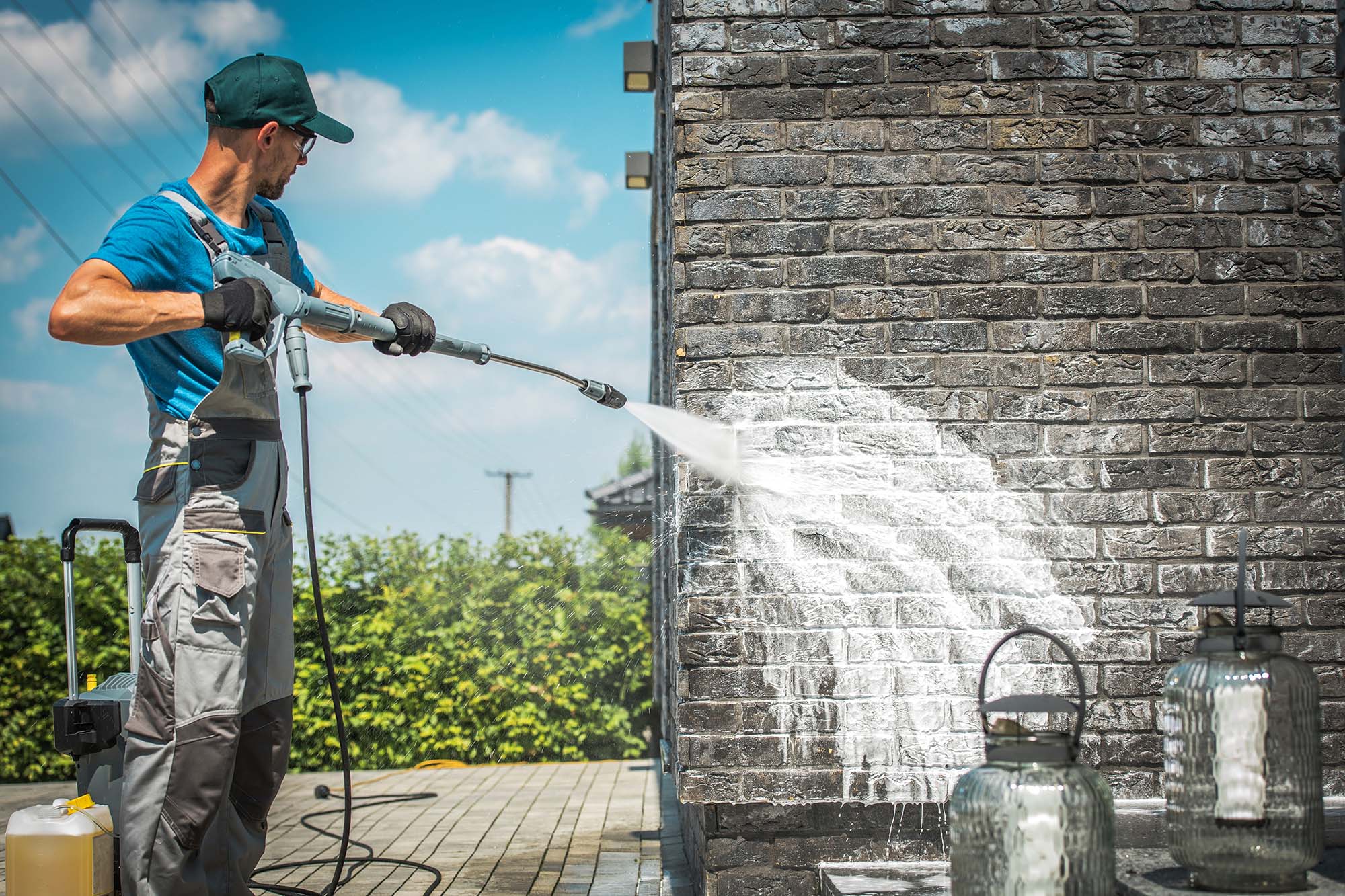 Brick Wall Pressure Washing. Brick House Wall Pressure Washing with Special Cleaning Detergent.